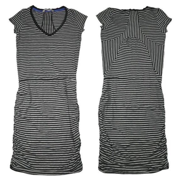 Athleta Topanga Ruched Dress Gray Striped - Picture 2 of 8